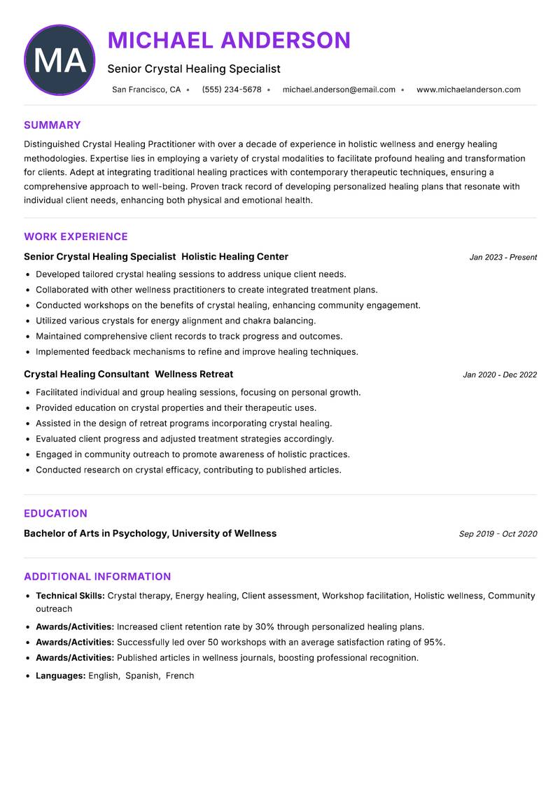 Crystal Healing Practitioner resume example — ATS-friendly template