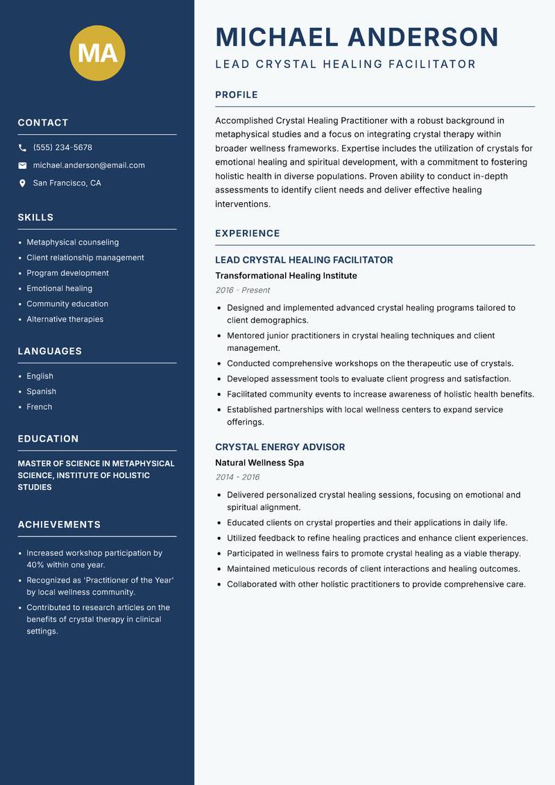 Crystal Healing Practitioner resume template — Classic Clean