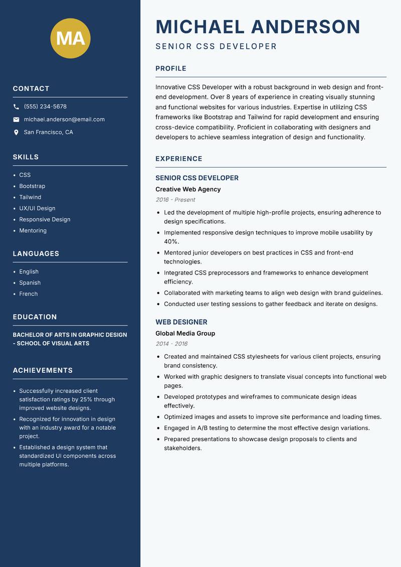 CSS Developer resume template — Classic Clean