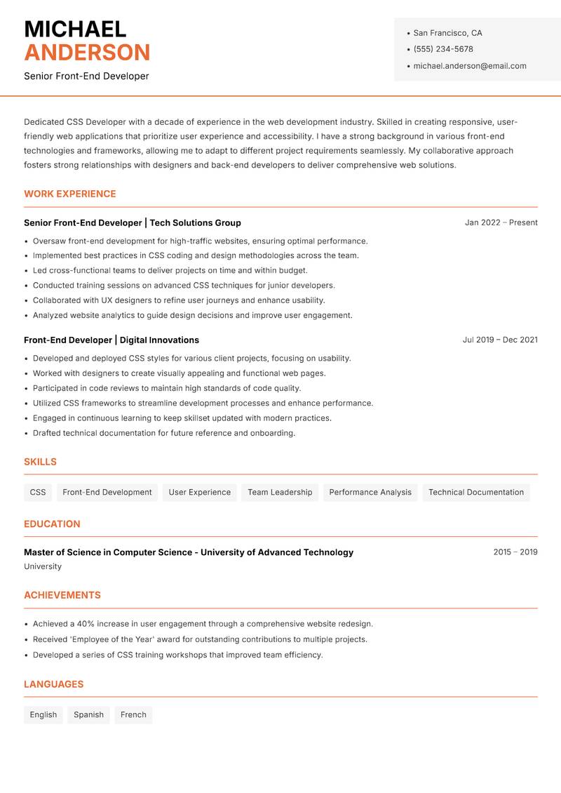 CSS Developer resume template — Modern Professional
