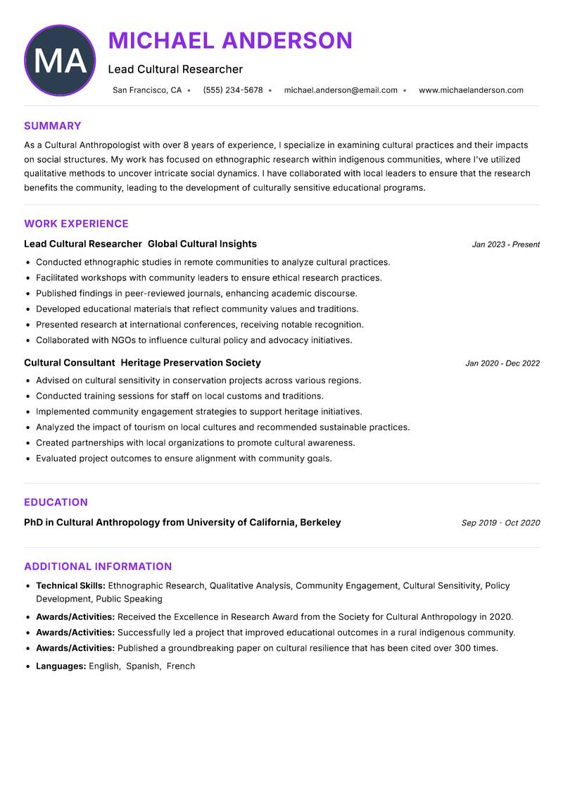 Cultural Anthropologist resume example — ATS-friendly template