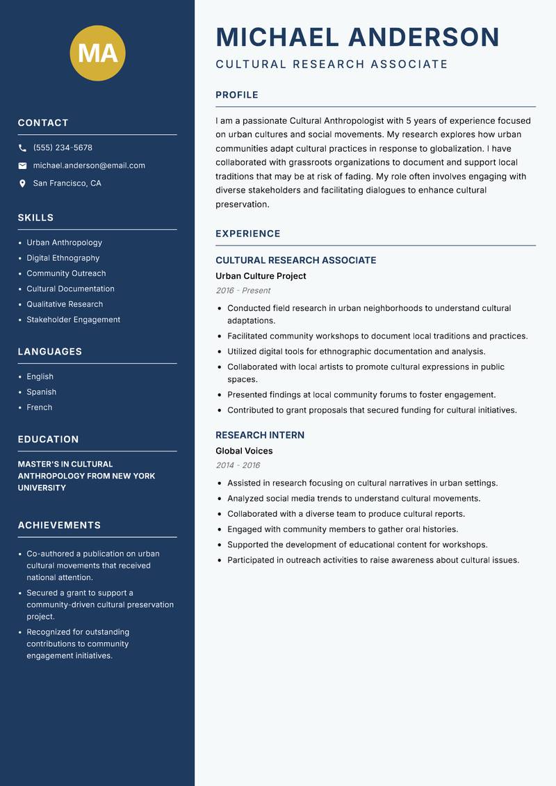 Cultural Anthropologist resume template — Classic Clean