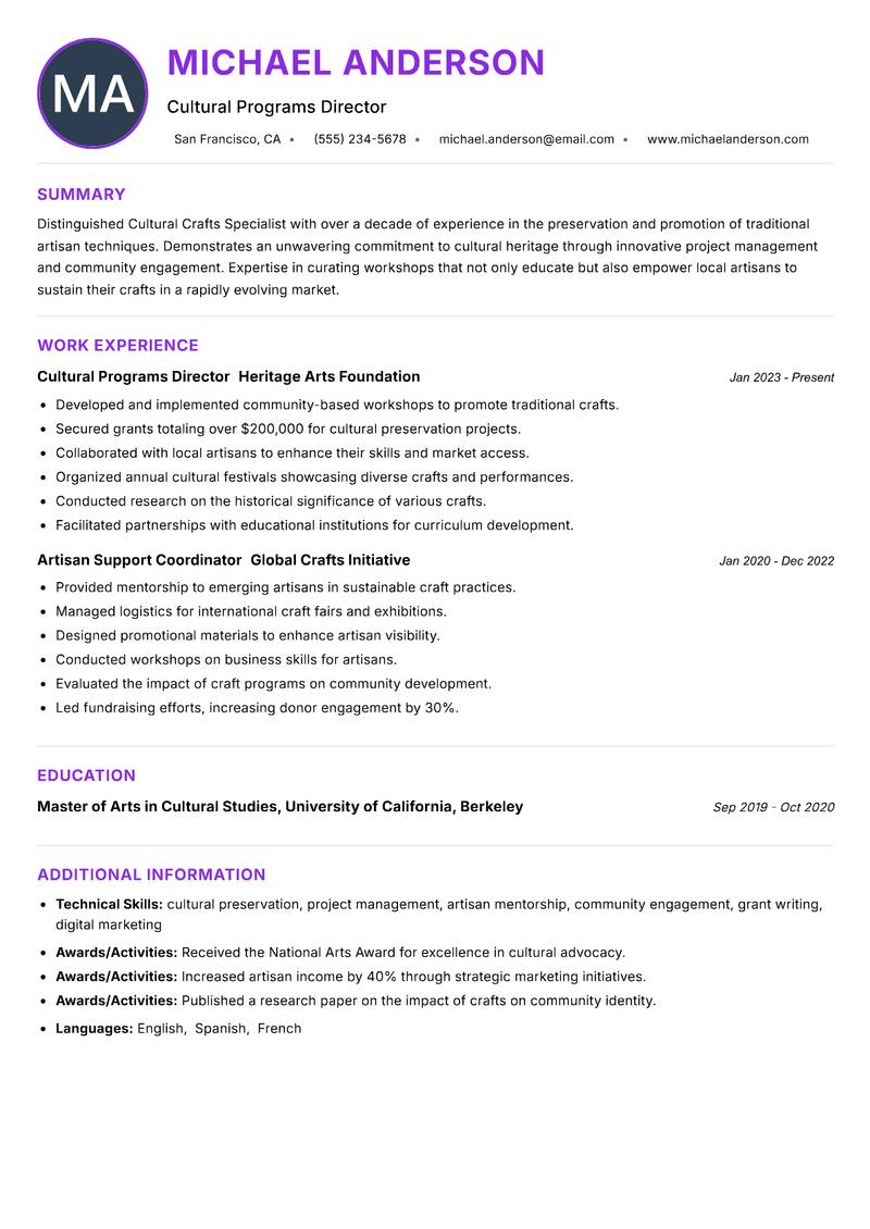 Cultural Crafts Specialist resume example — ATS-friendly template