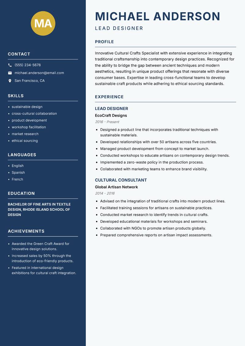 Cultural Crafts Specialist resume template — Classic Clean