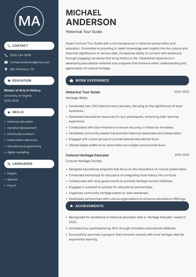 Cultural Tour Guide resume template — Compact