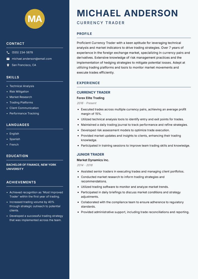 Currency Trader resume template — Classic Clean