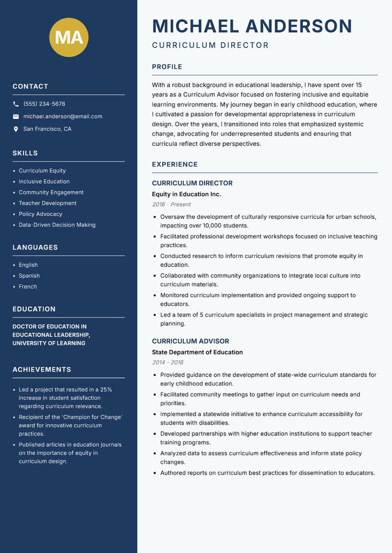 Curriculum Advisor resume template — Classic Clean