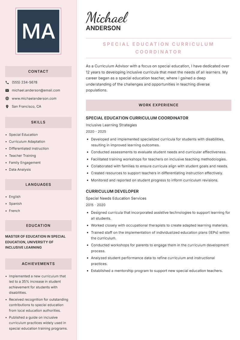 Curriculum Advisor resume template — Executive