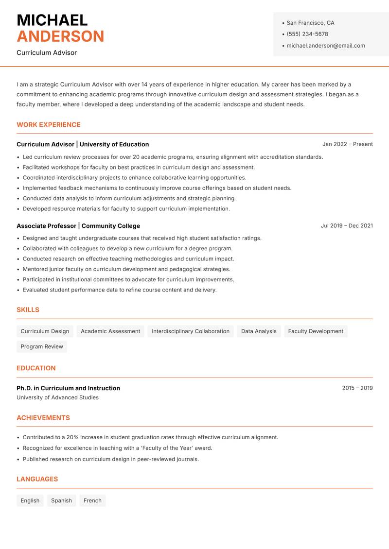 Curriculum Advisor resume template — Modern Professional