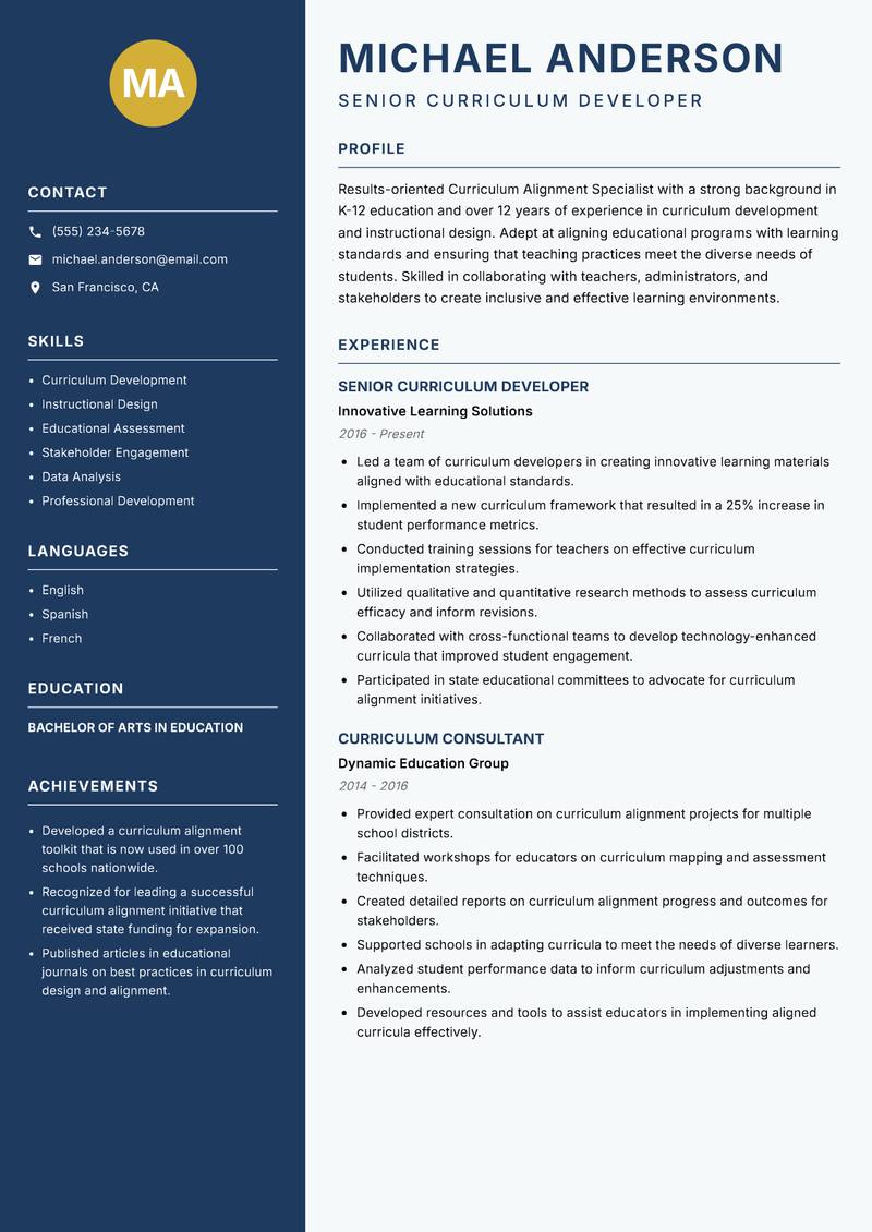 Curriculum Alignment Specialist resume template — Classic Clean