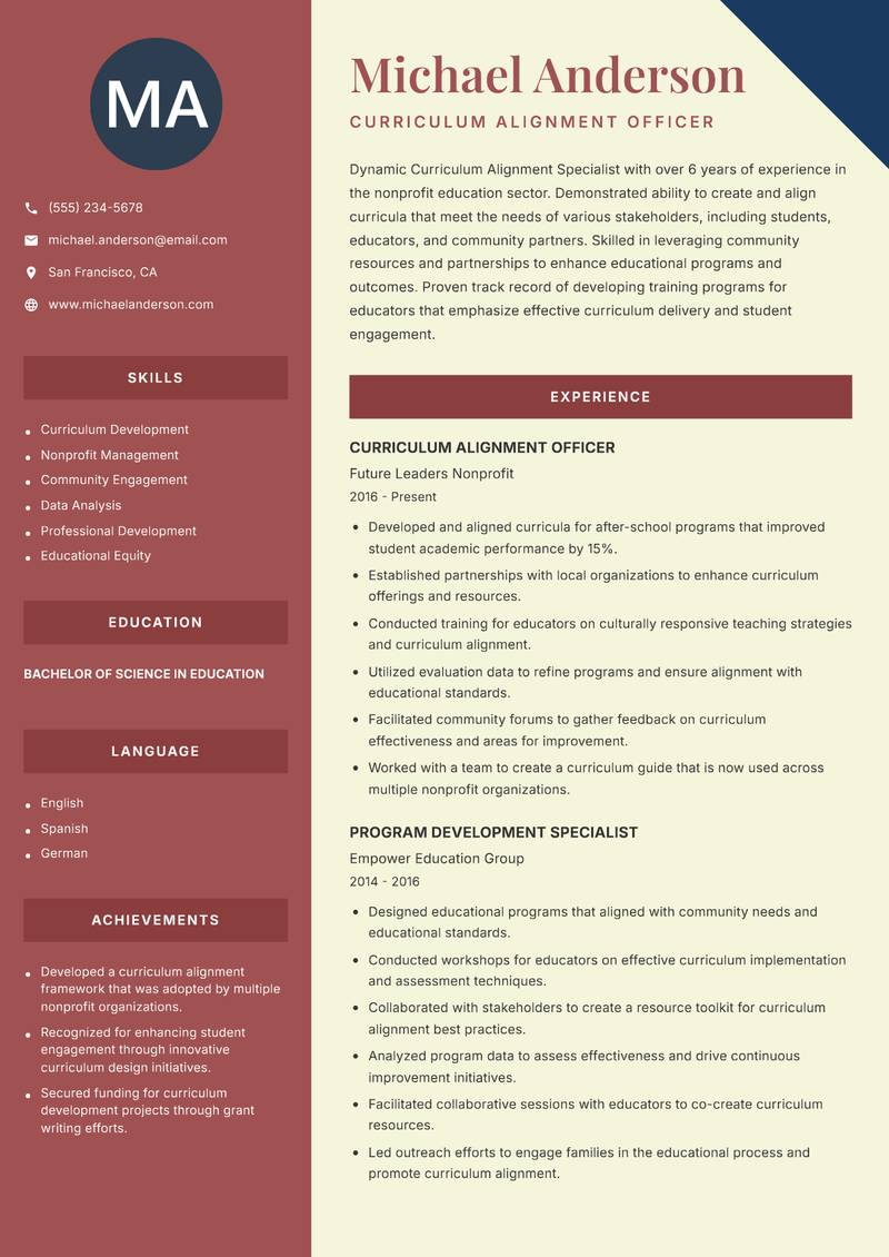 Curriculum Alignment Specialist resume template — Two Column