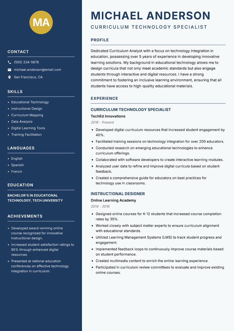 Curriculum Analyst resume template — Classic Clean