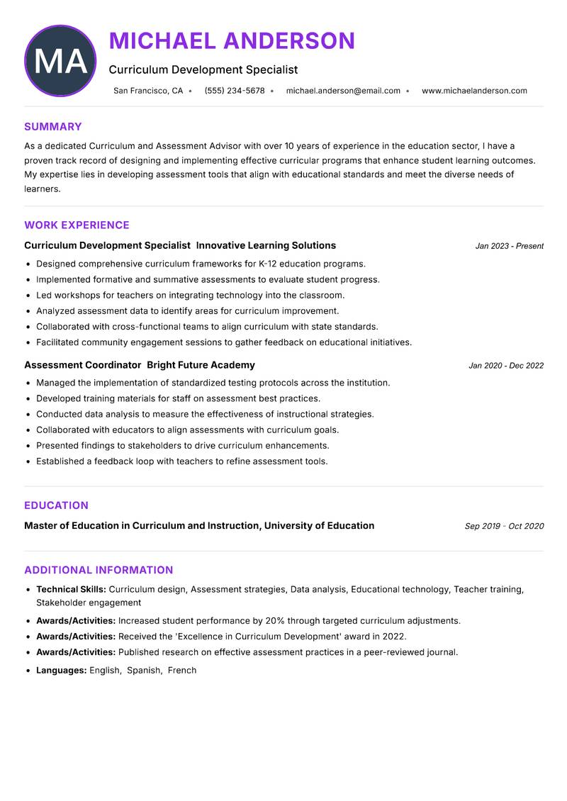 Curriculum and Assessment Advisor resume example — ATS-friendly template