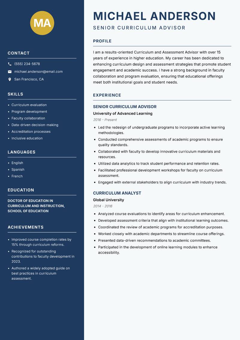 Curriculum and Assessment Advisor resume template — Classic Clean