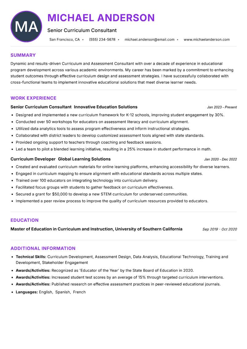 Curriculum and Assessment Consultant resume example — ATS-friendly template