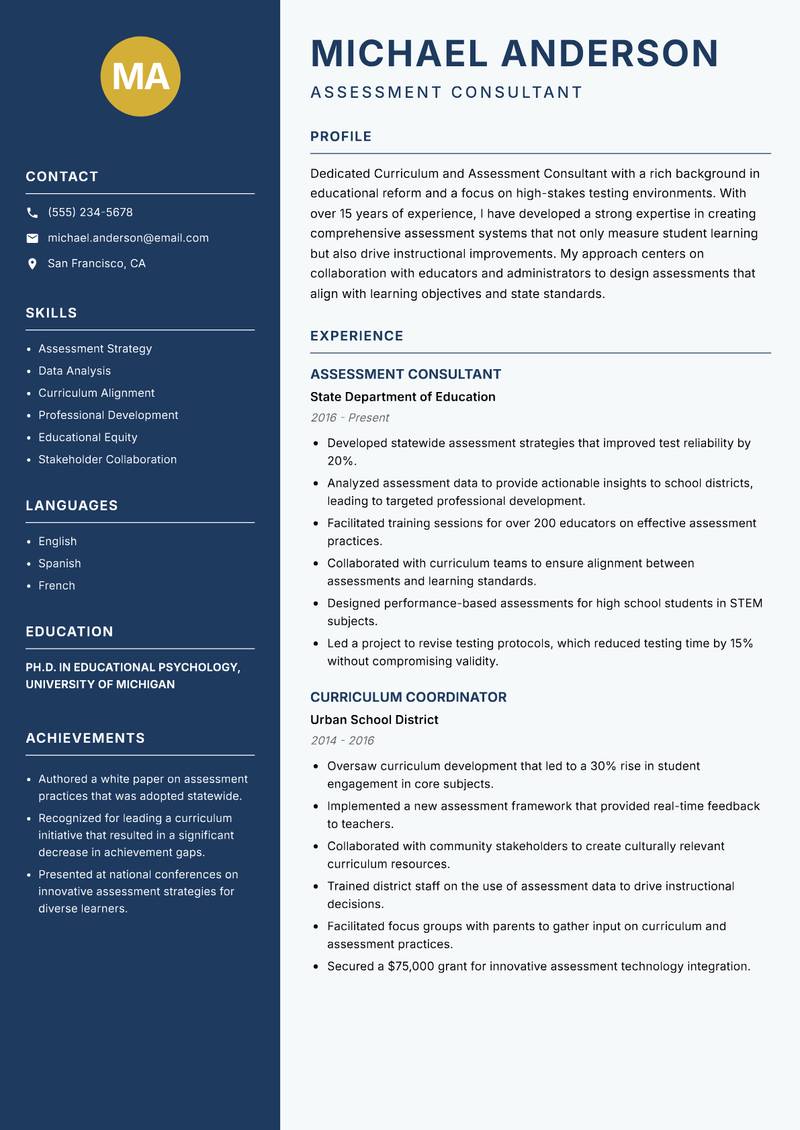 Curriculum and Assessment Consultant resume template — Classic Clean