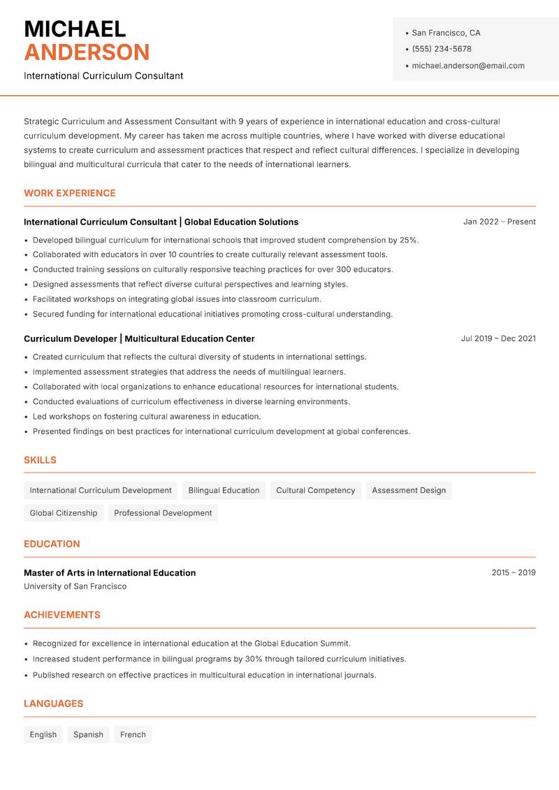 Curriculum and Assessment Consultant resume template — Modern Professional