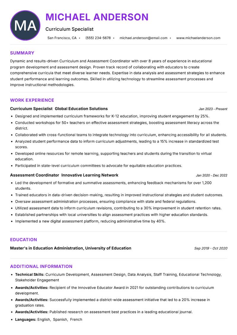 Curriculum and Assessment Coordinator resume example — ATS-friendly template
