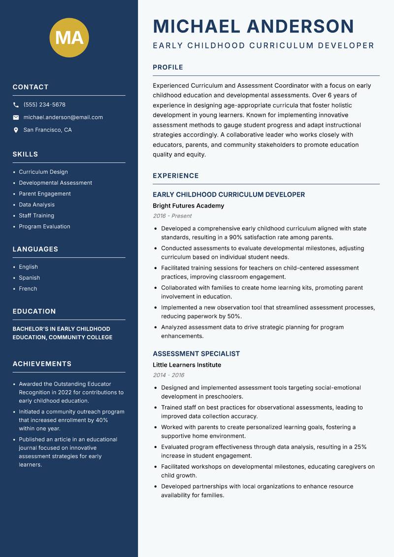Curriculum and Assessment Coordinator resume template — Classic Clean