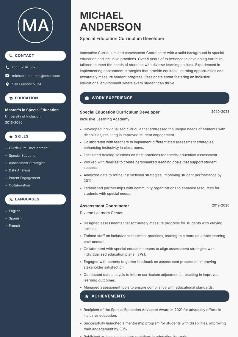 Curriculum and Assessment Coordinator resume template — Compact