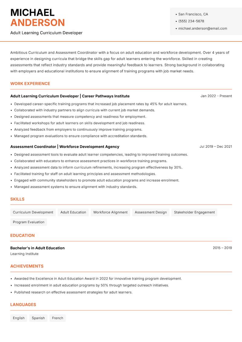 Curriculum and Assessment Coordinator resume template — Modern Professional