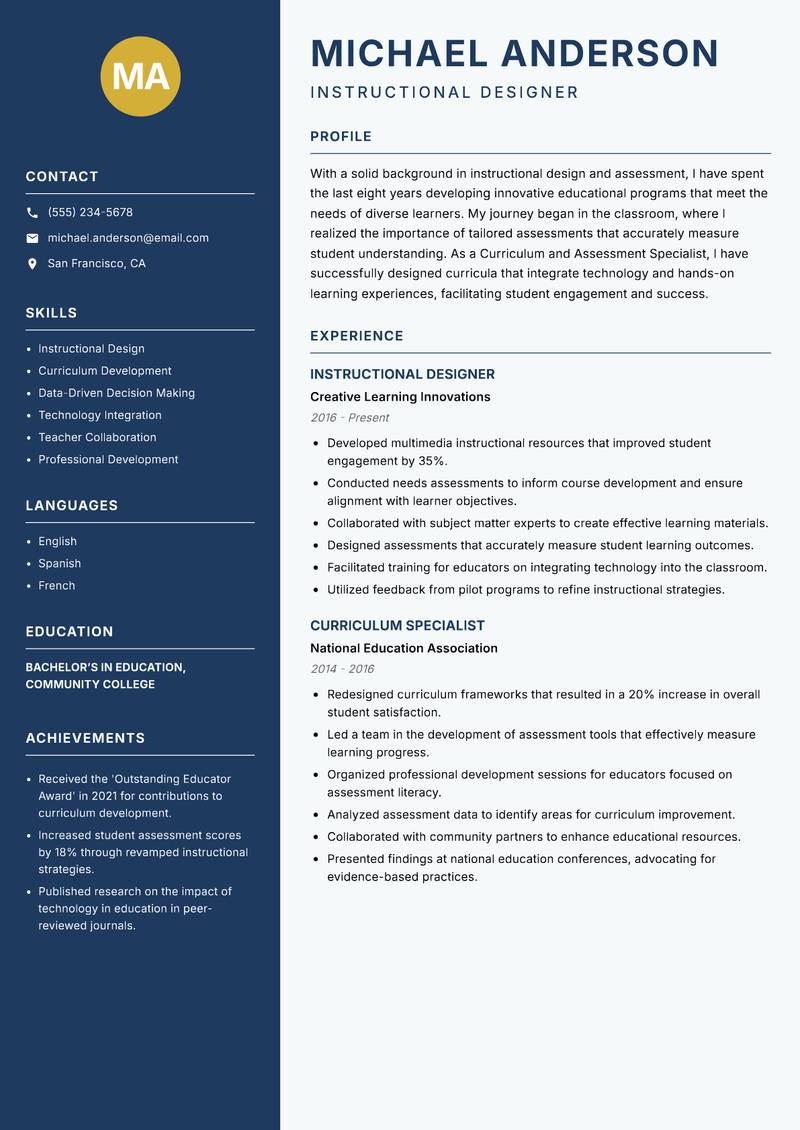 Curriculum and Assessment Specialist resume template — Classic Clean