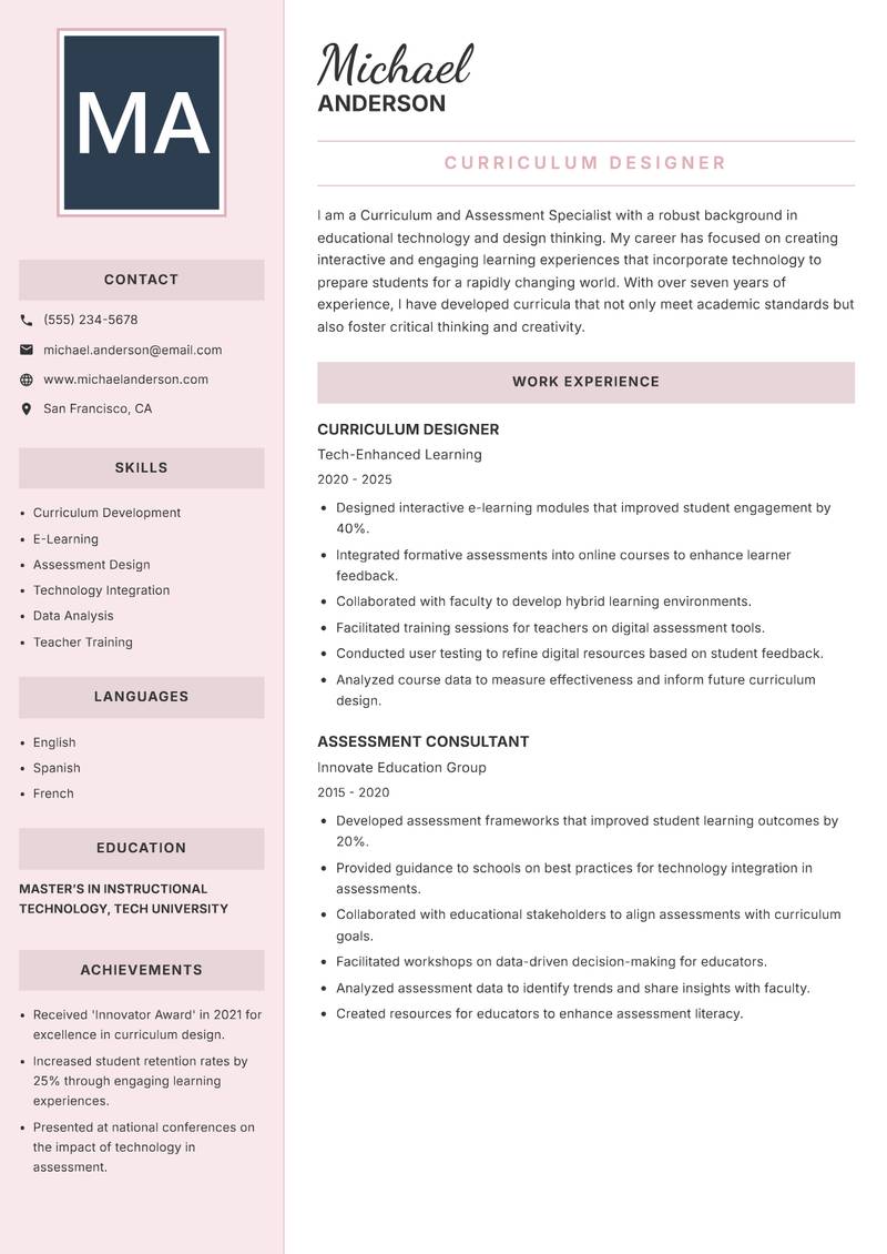 Curriculum and Assessment Specialist resume template — Executive