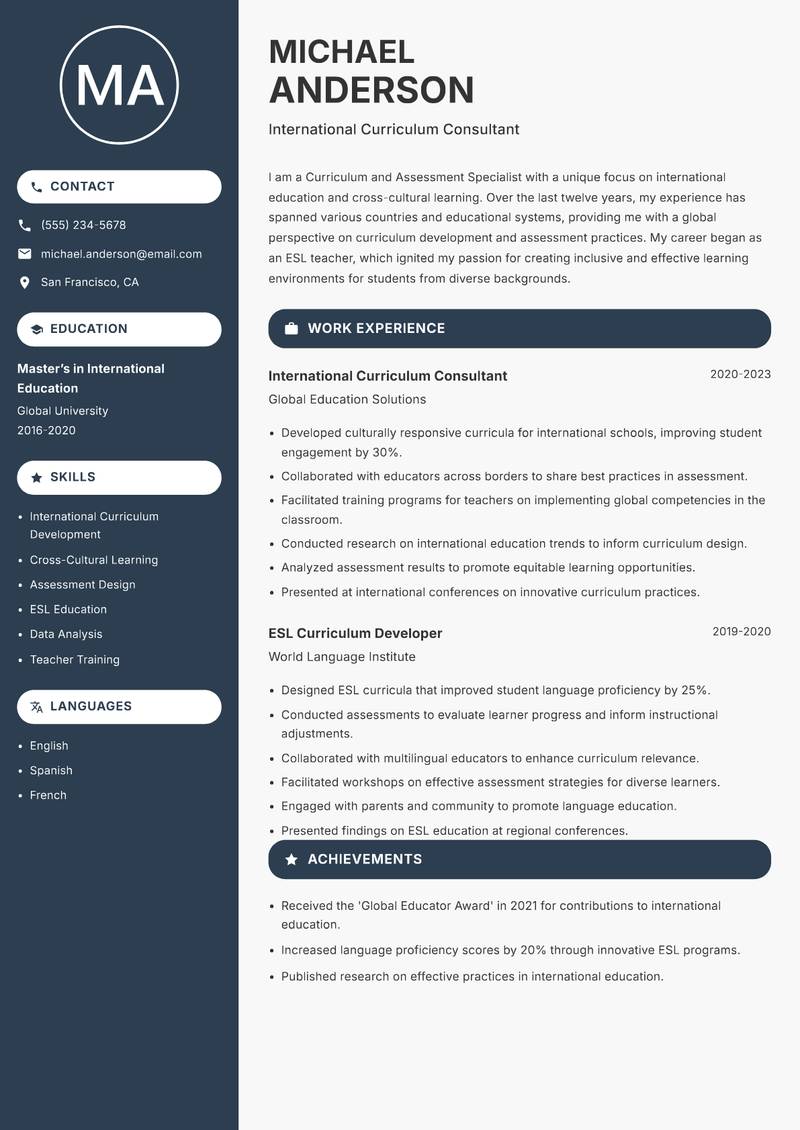 Curriculum and Assessment Specialist resume template — Compact