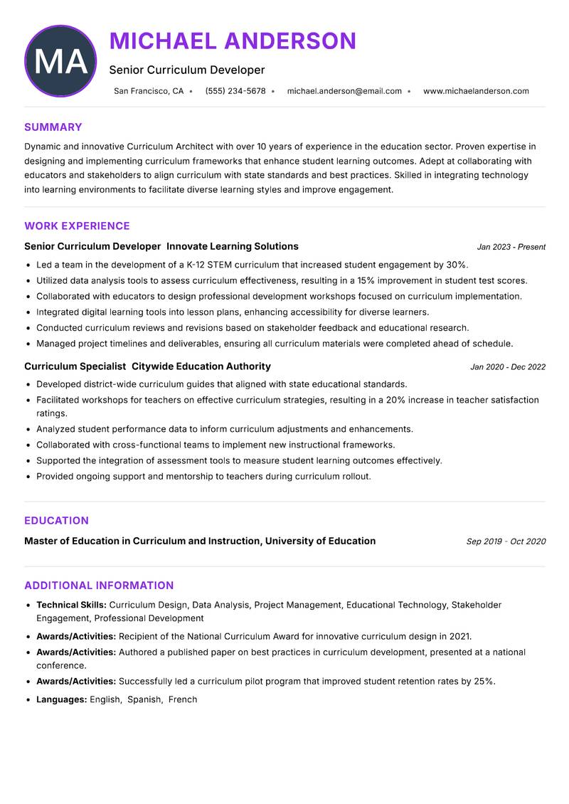Curriculum Architect resume example — ATS-friendly template