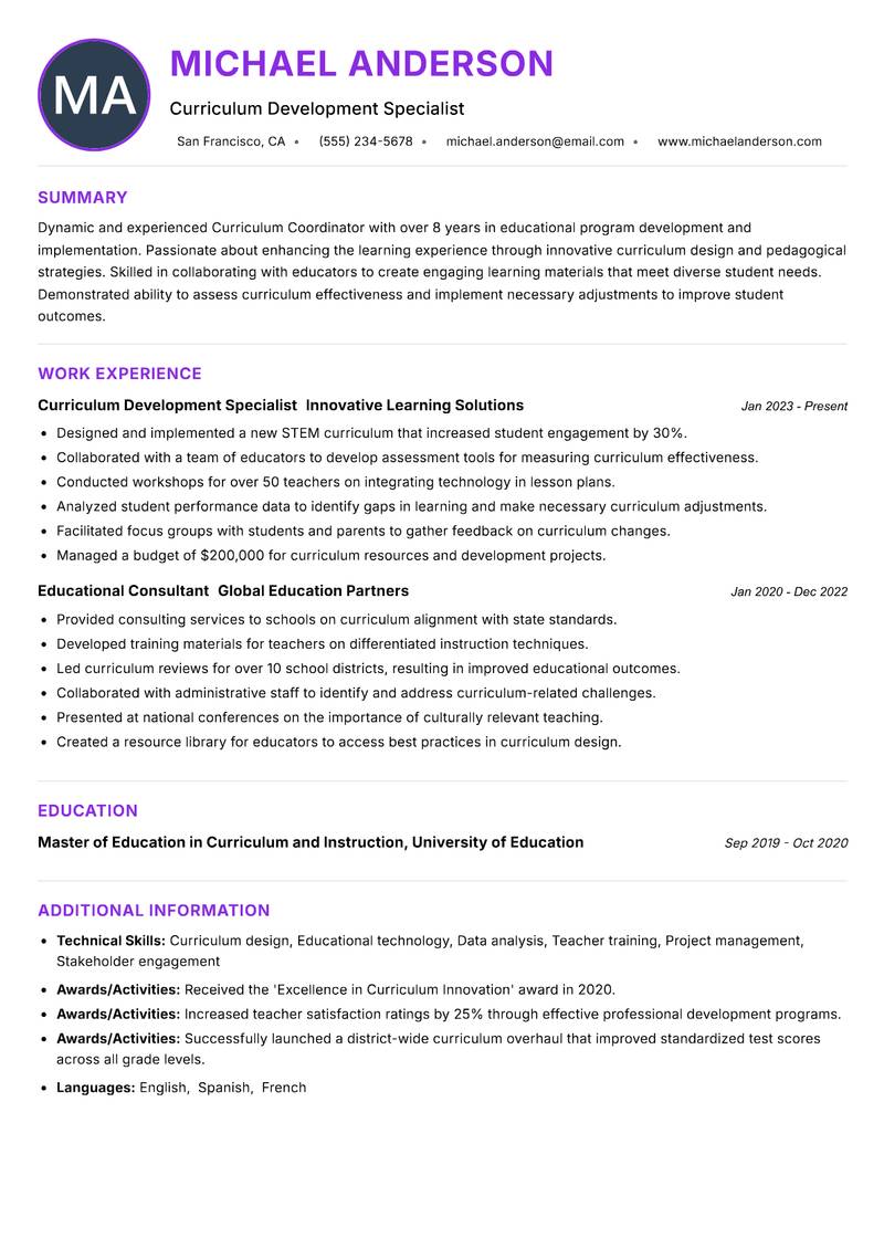 Curriculum Coordinator resume example — ATS-friendly template