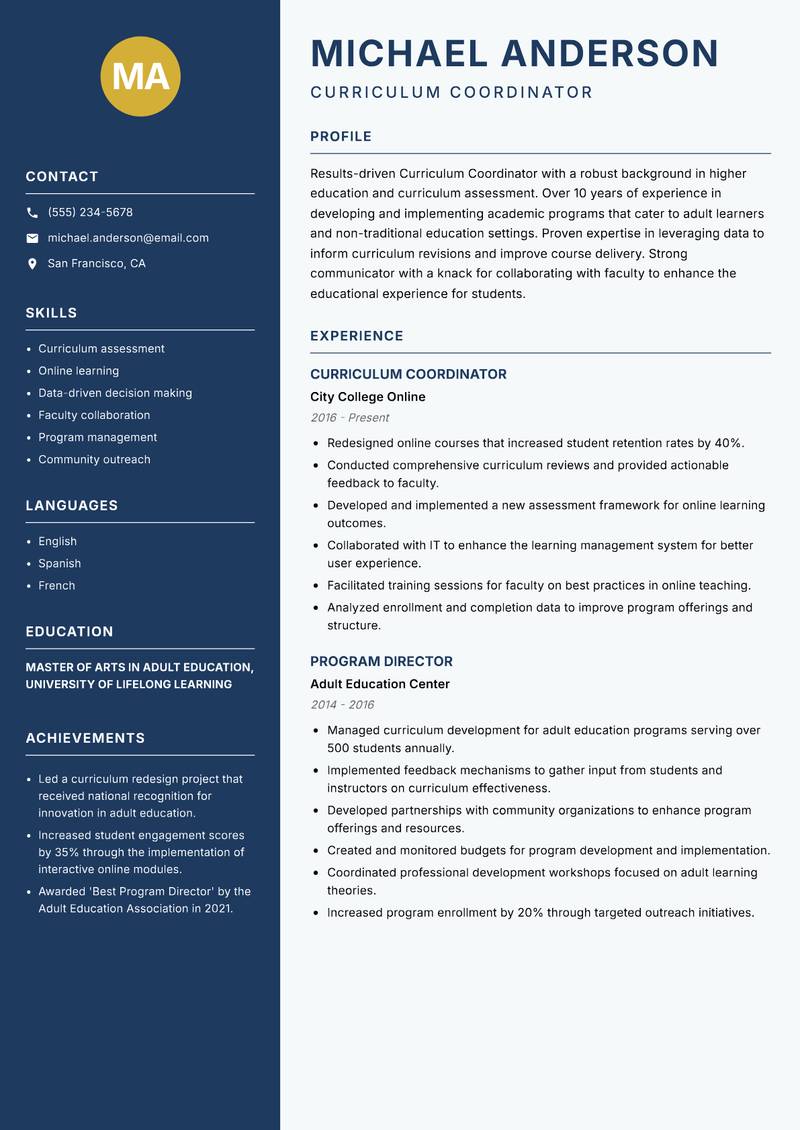 Curriculum Coordinator resume template — Classic Clean