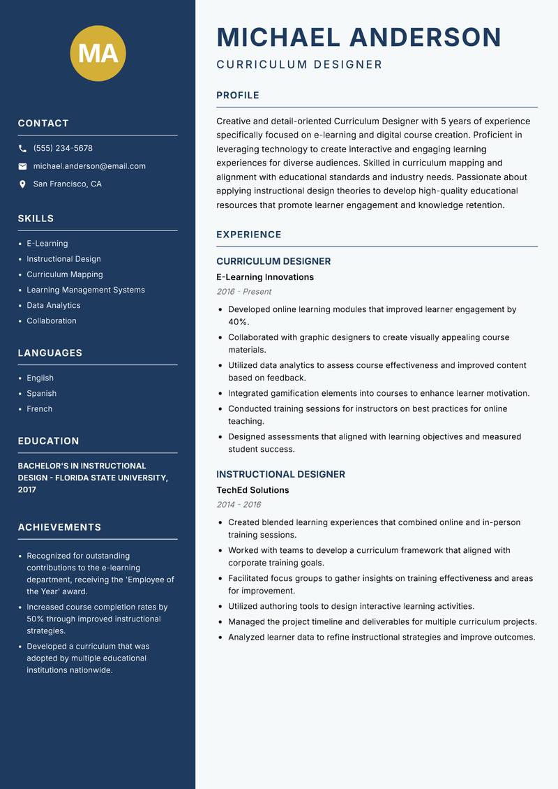 Curriculum Designer resume template — Classic Clean