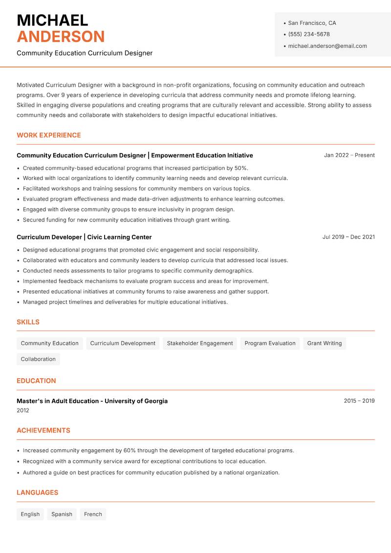 Curriculum Designer resume template — Modern Professional