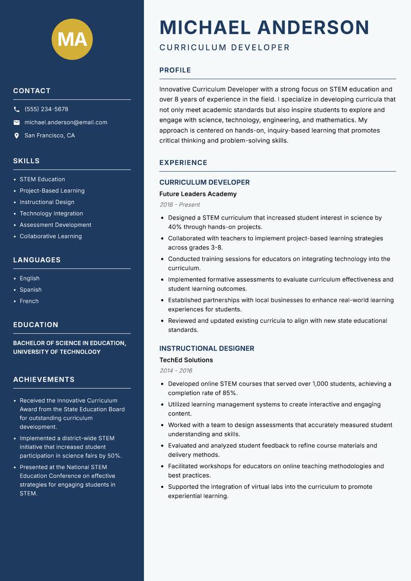 Curriculum Developer resume template — Classic Clean