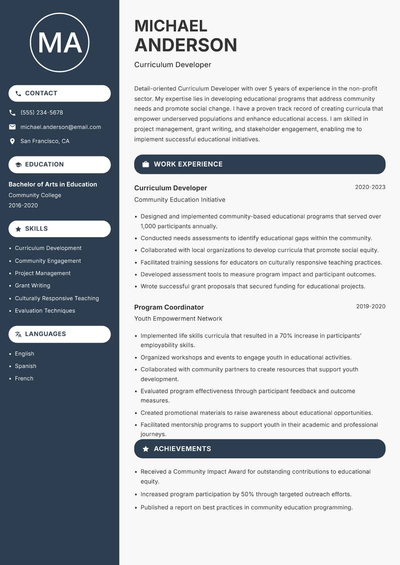 Curriculum Developer resume template — Compact