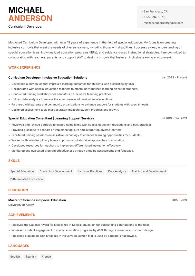 Curriculum Developer resume template — Modern Professional