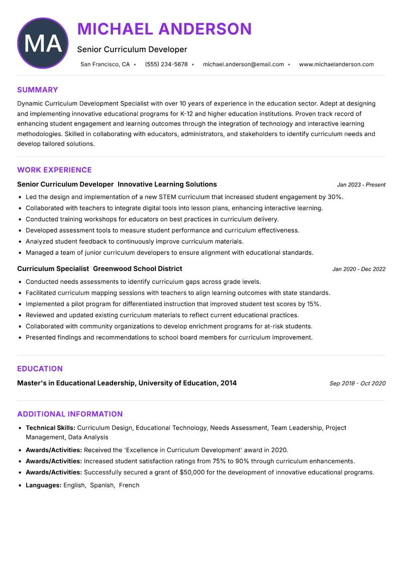Curriculum Development Specialist resume example — ATS-friendly template