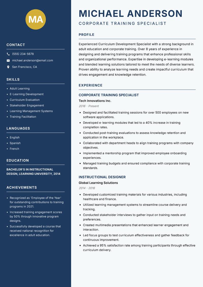 Curriculum Development Specialist resume template — Classic Clean