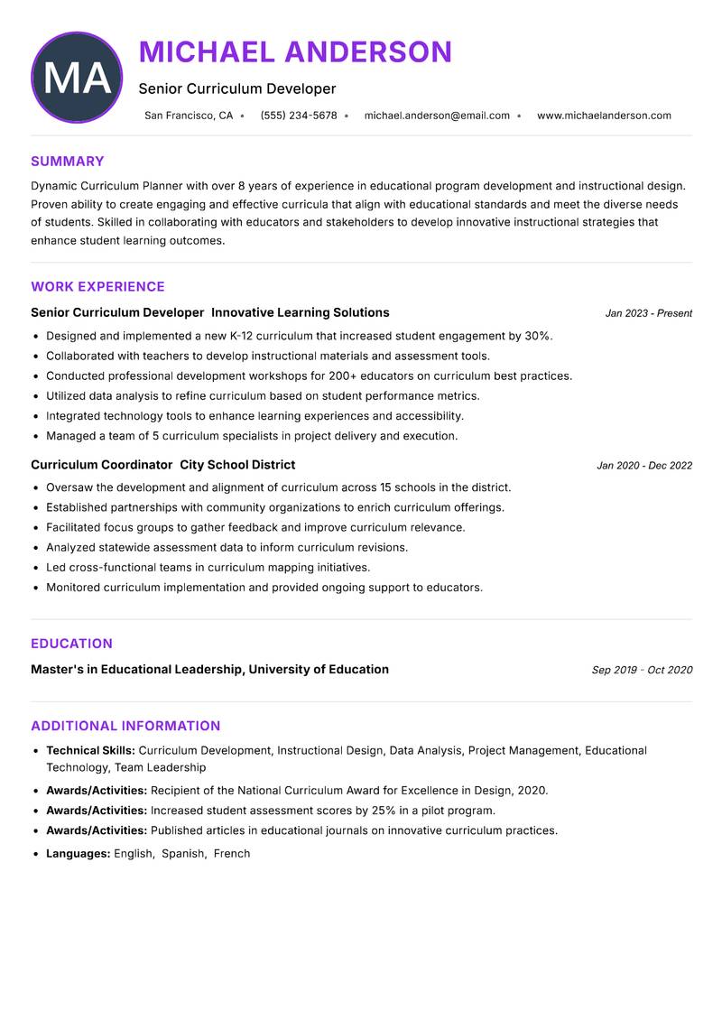 Curriculum Planner resume example — ATS-friendly template
