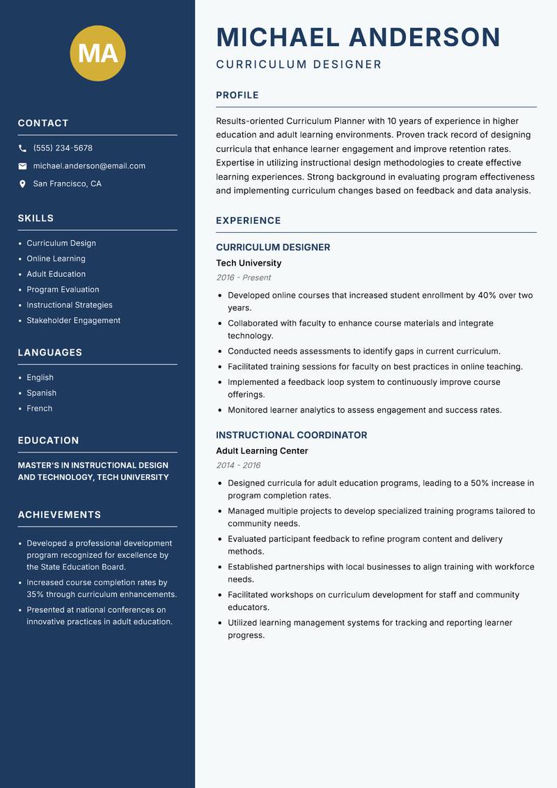 Curriculum Planner resume template — Classic Clean