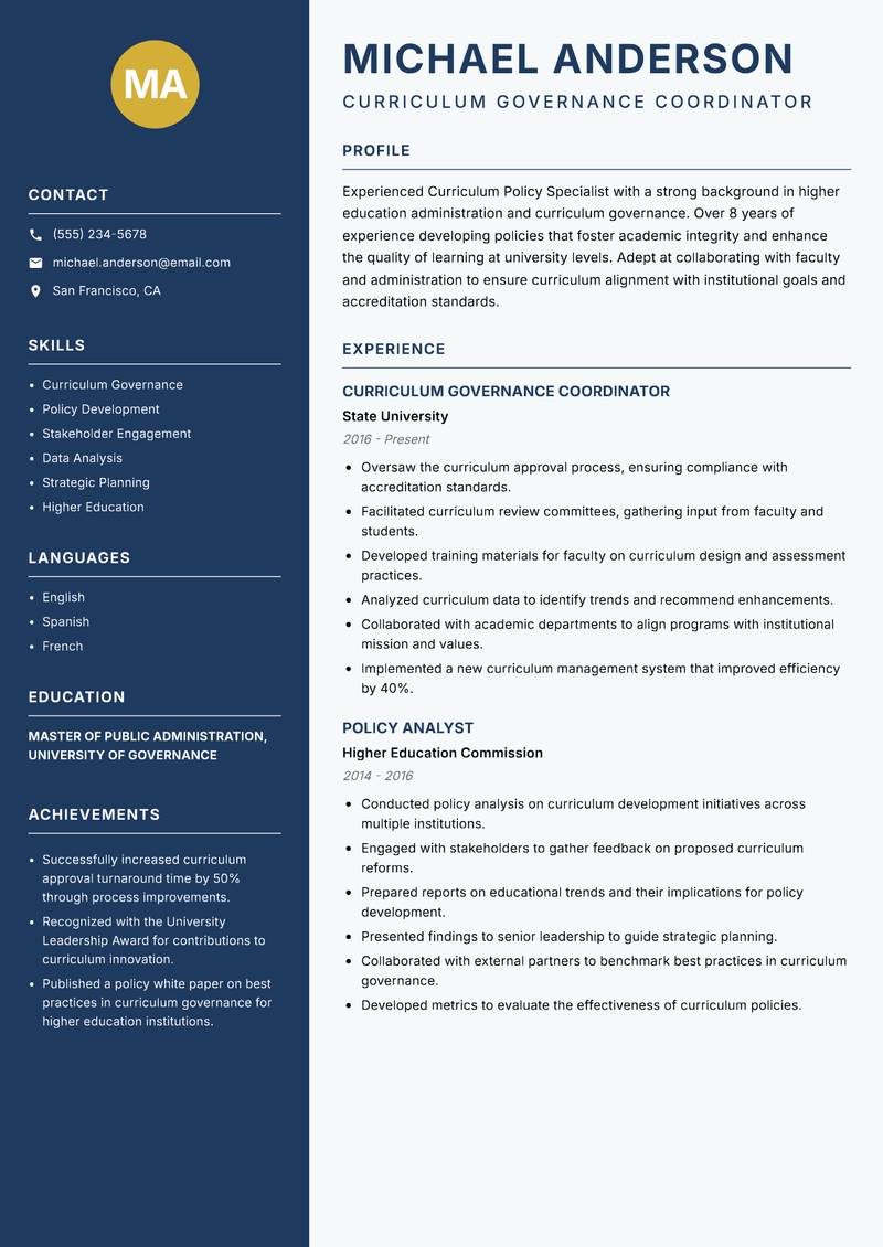 Curriculum Policy Specialist resume template — Classic Clean
