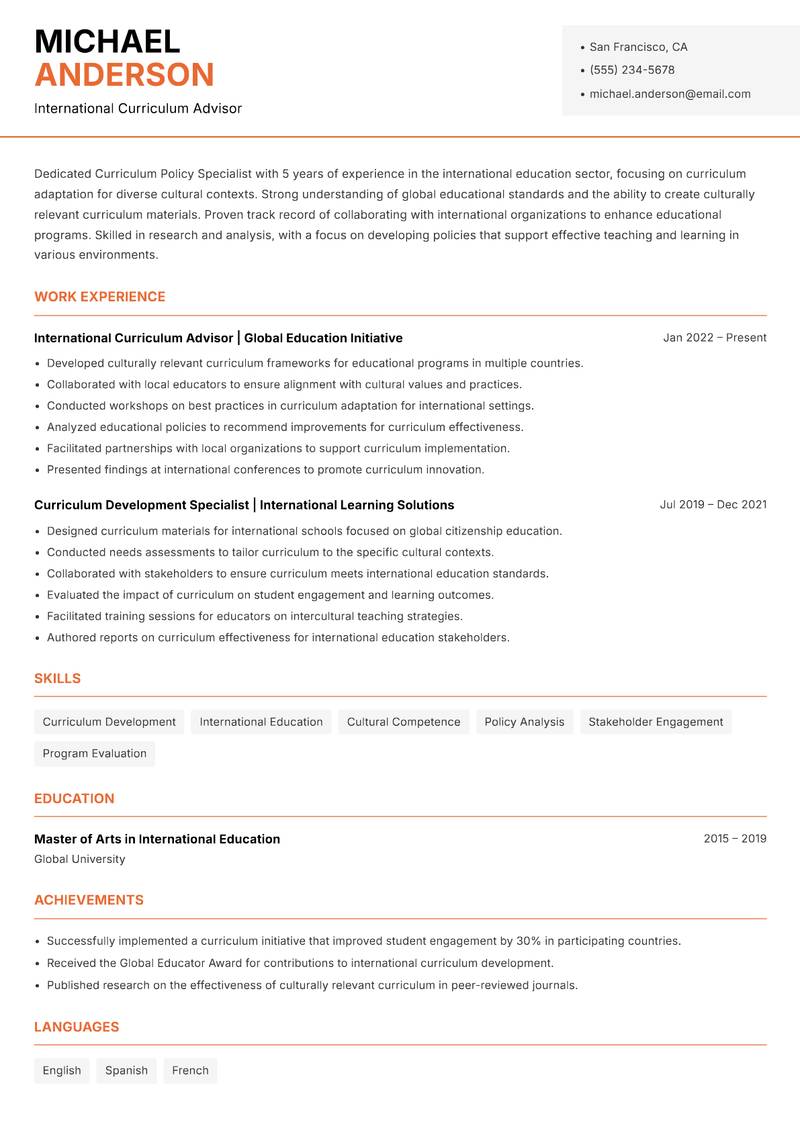 Curriculum Policy Specialist resume template — Modern Professional