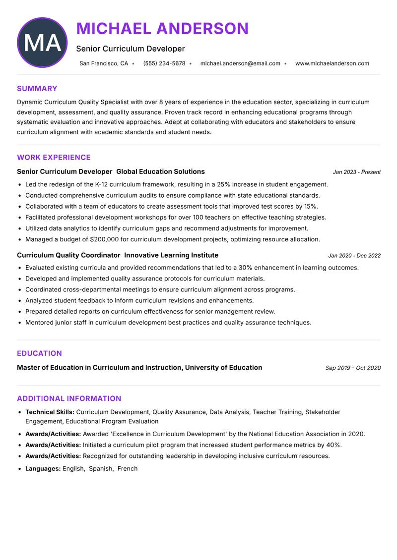Curriculum Quality Specialist resume example — ATS-friendly template