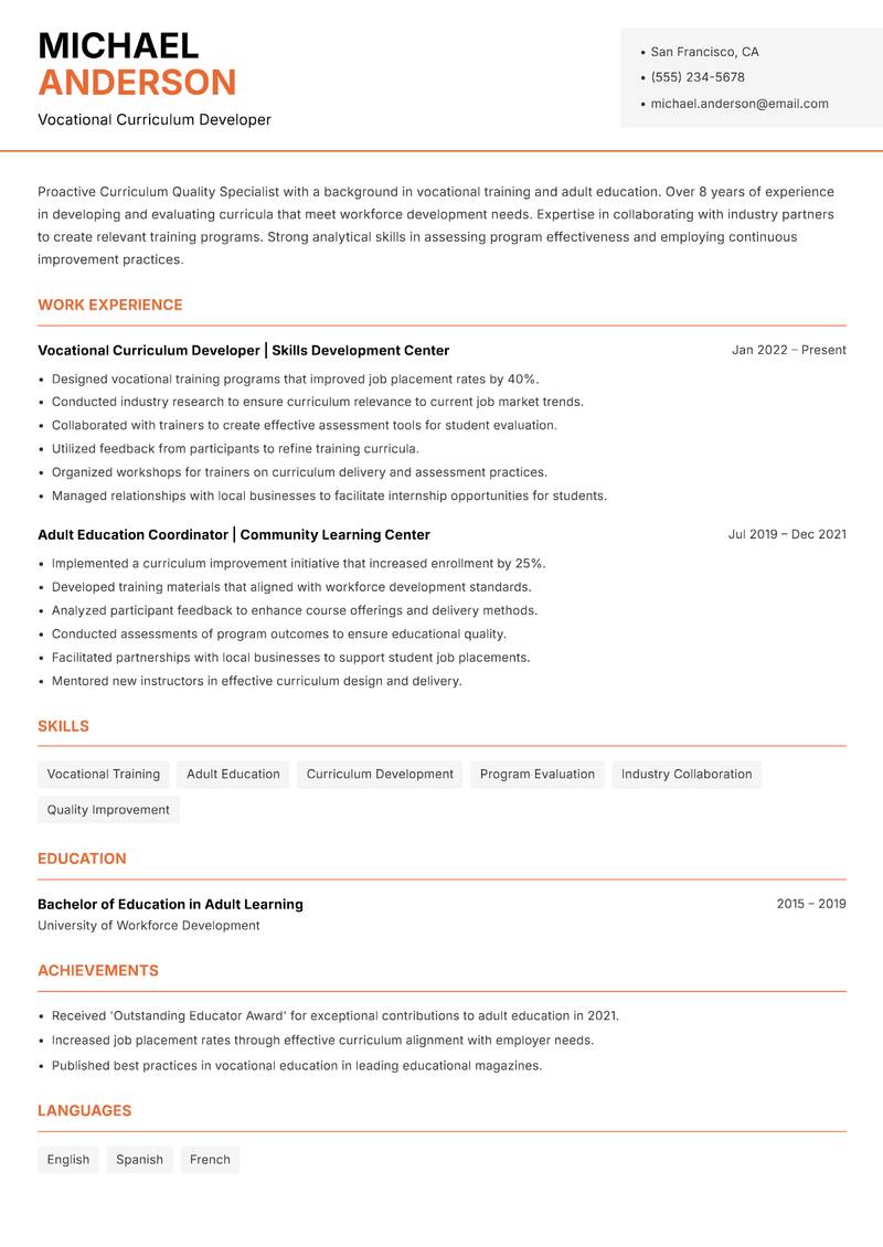 Curriculum Quality Specialist resume template — Modern Professional
