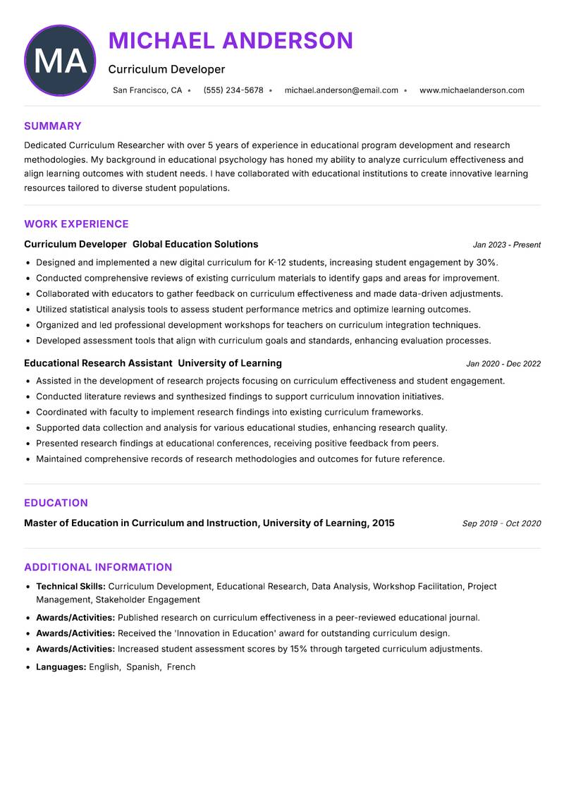 Curriculum Researcher resume example — ATS-friendly template
