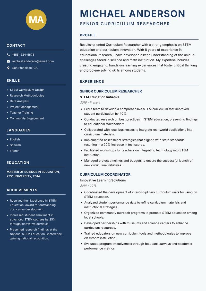 Curriculum Researcher resume template — Classic Clean