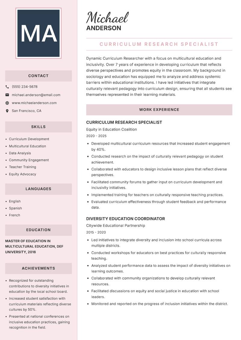 Curriculum Researcher resume template — Executive