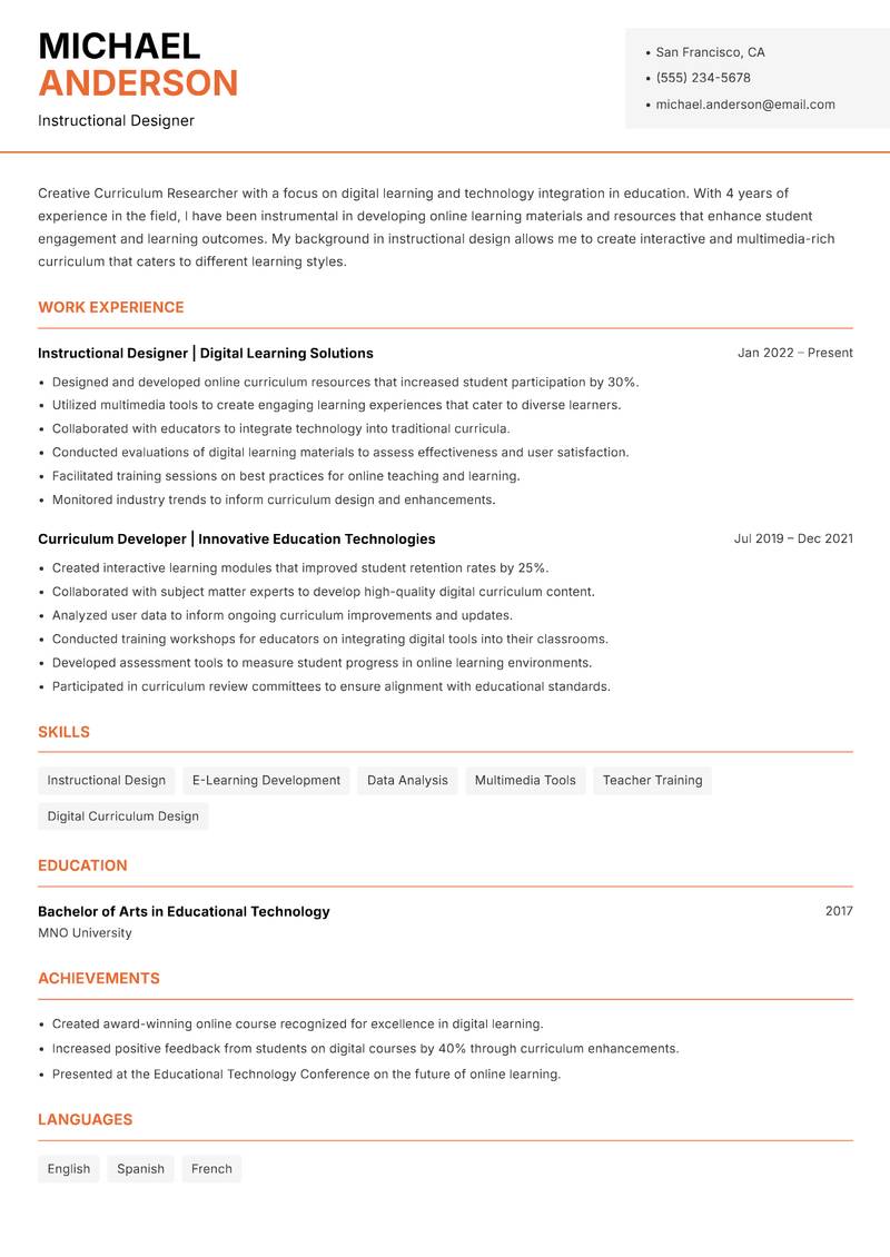 Curriculum Researcher resume template — Modern Professional