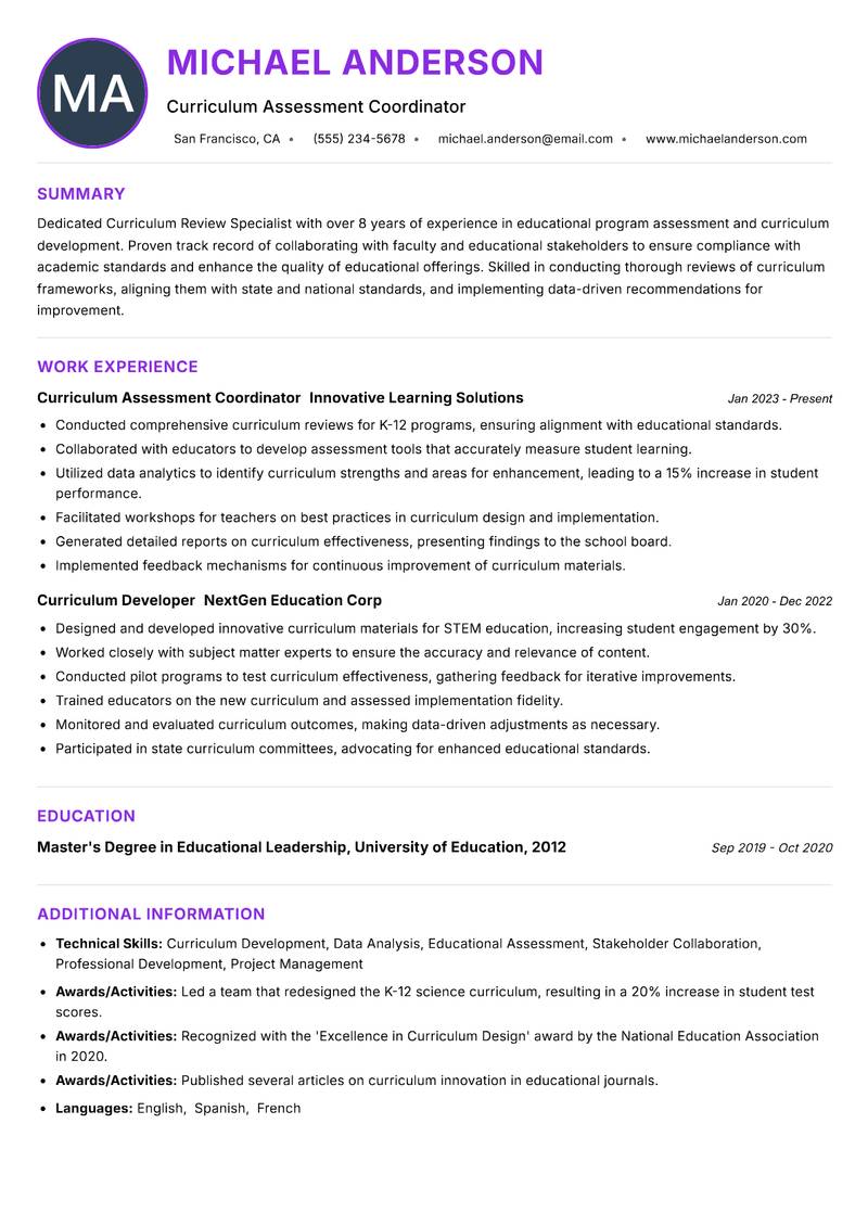 Curriculum Review Specialist resume example — ATS-friendly template