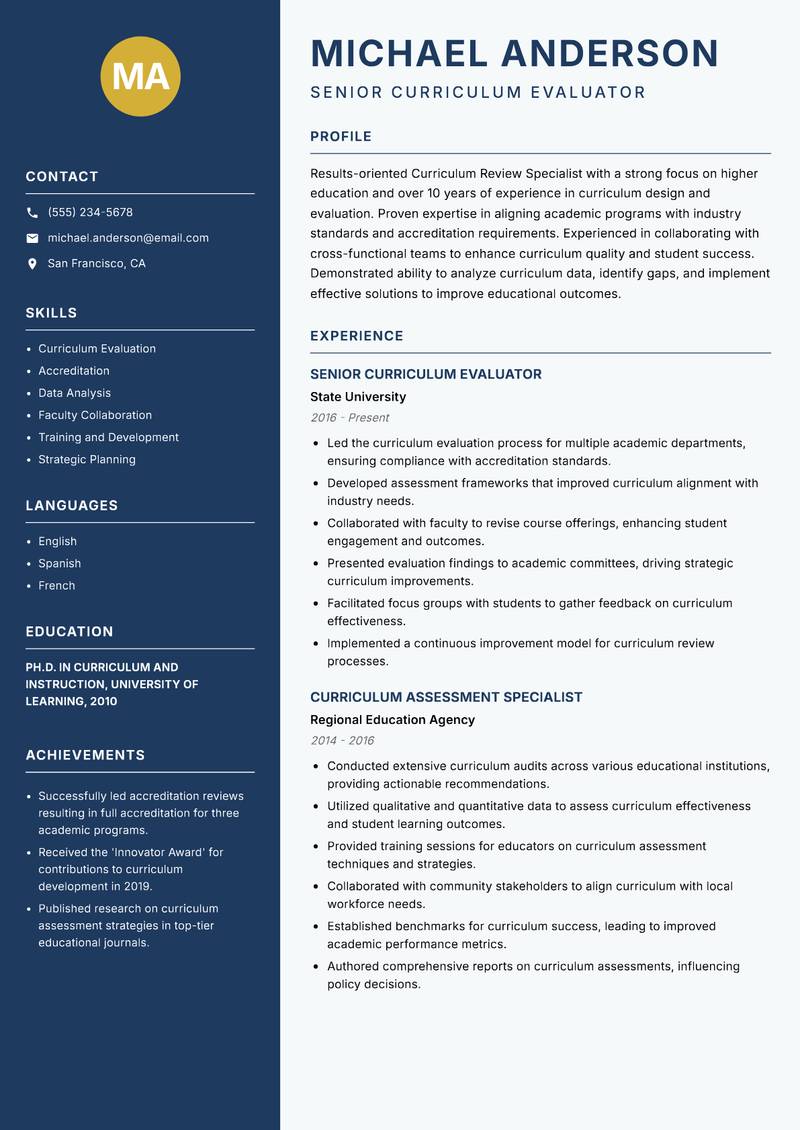 Curriculum Review Specialist resume template — Classic Clean